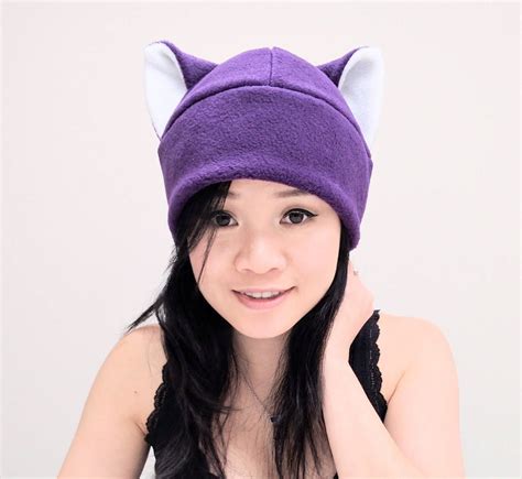 Purple Cat Hat Kitty Cat Ear Hat Purple Fleece Hat Cat Etsy