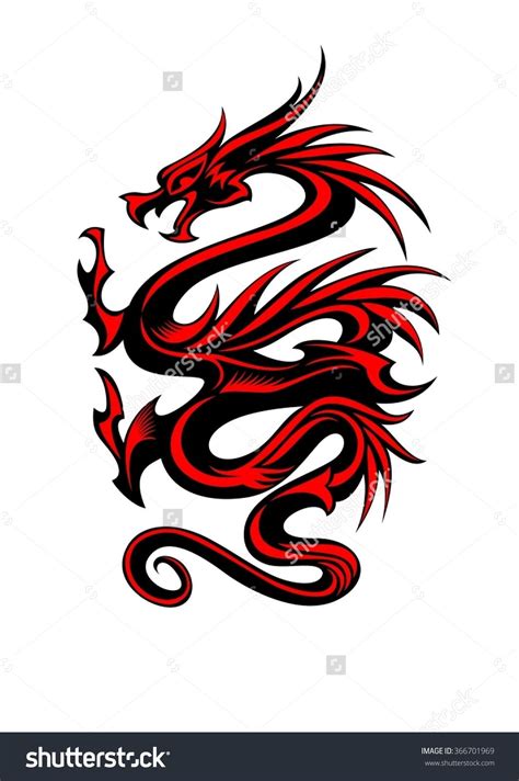 A blue chinese dragon is peace and harmony; Black and red tribal dragon tattoo vector illustration ...