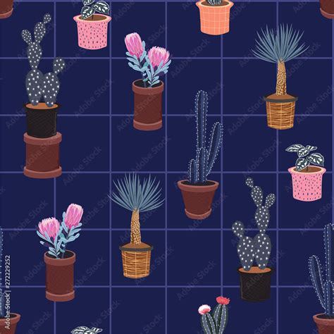 Cactus In Many Kind Of Pots On Window Check Line Vector Seamless