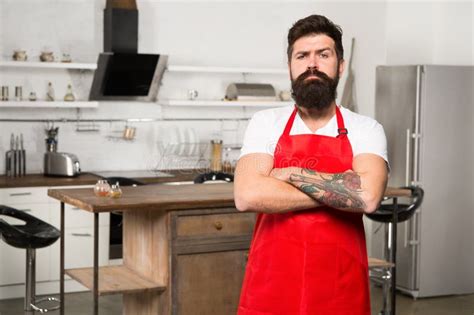 Confident Chef Restaurant Or Cafe Cook Mature Male Bearded Man Cook Hipster In Kitchen Stock