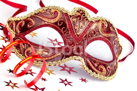 Red Carnival Mask With Confetti And Streamer Stock Photo Royalty Free