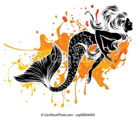 Portrait Of A Mermaid With Streaming Hair Hand Drawn Black Silhouette