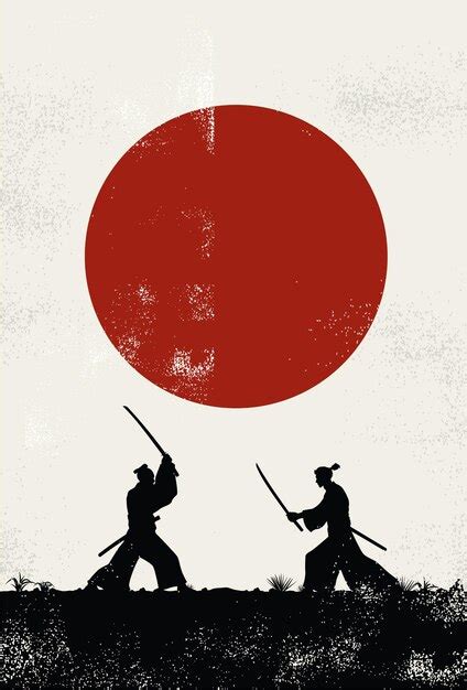 Silhueta De Dois Samurais Japoneses Lutando Com Espadas Vetor Premium