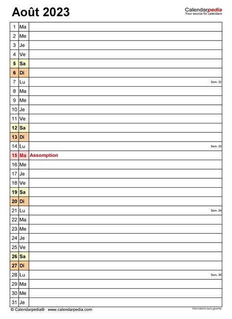 Calendrier Août 2023 Excel Word Et Pdf Calendarpedia
