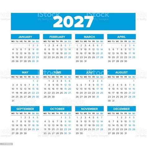 2027 Calendar With Weeks Starts On Monday Stock Illustration Download