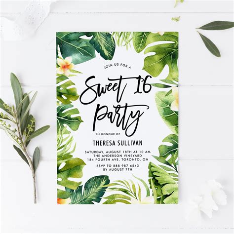 Printable Tropical Greenery Birthday Invitation Template Etsy