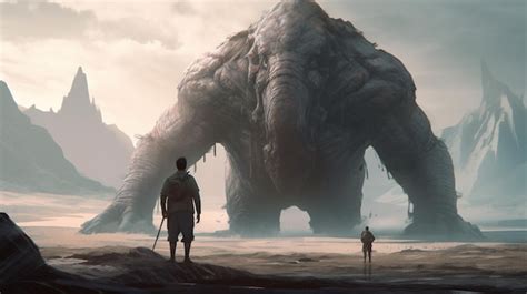 Premium Photo A Man Stands In Front Of A Giant Monster