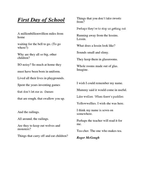 First Day Of School By Roger Mcgough Pdf