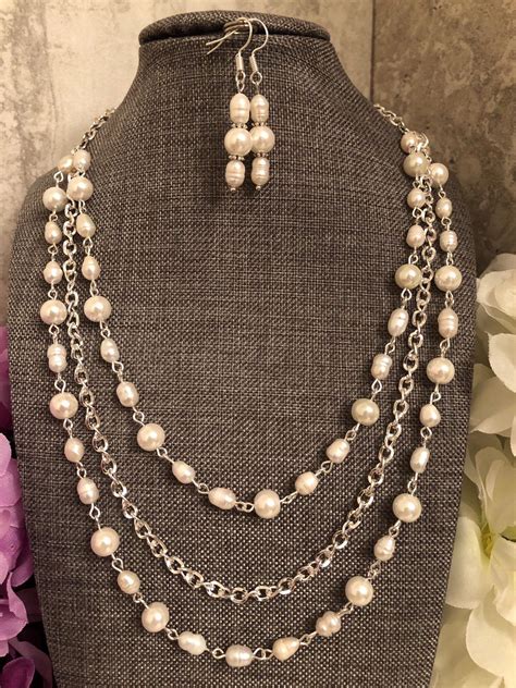 Multi Strand Freshwater Pearl Necklace And Matching Earrings Etsy