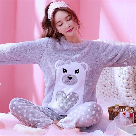 Winter Women Nightwear Pajama Set Flannel Warm 2 Pcs Pajamas Coral Fleece Sleepwear Suits Autumn