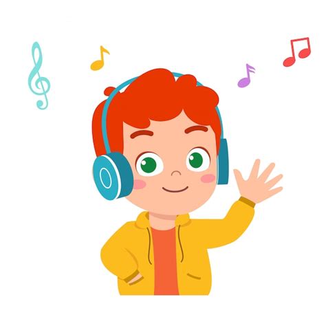 Heureux Garçon Mignon Enfant écouter De La Bonne Musique Vecteur Premium