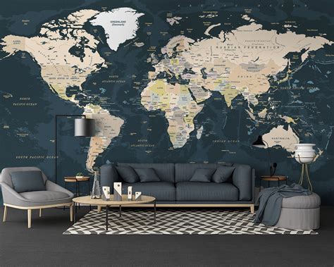 Map Wallpaper Peel And Stick Self Adhesive Dark Political World Map