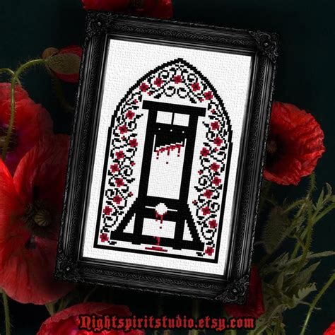 Guillotine With Floral Motif Gothic Cross Stitch Pattern Pdf With Blood