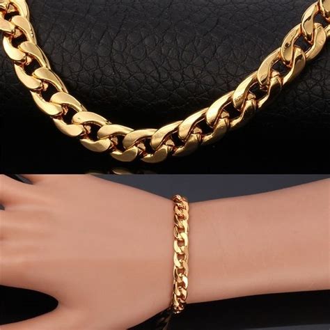 18k Gold Plated Bracelets Bangles Men Jewelry Trendy 7mm Cuban Chain