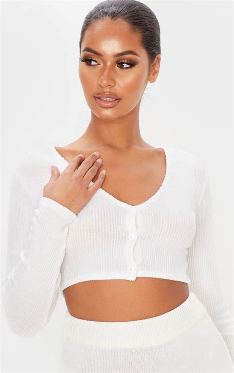 White Brushed Rib Button Up Long Sleeve Crop Top Long Sleeve Crop Top