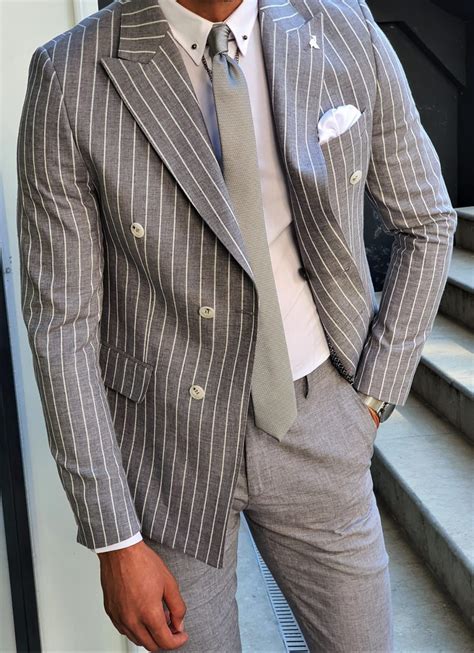 Buy White Slim Fit Pinstripe Double Breasted Suit By Gentwith In 2021 Pants T Blazer
