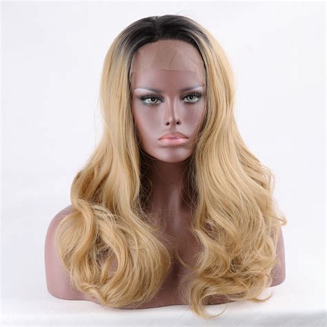 Ombre Blonde Lace Front Wig Long Wavy Synthetic Hair Wigs Dark Roots