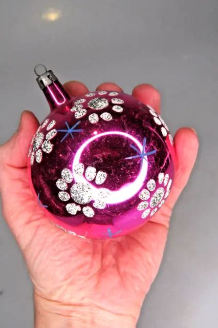 Vintage Blown Glass Pink Flowers Pictured Jumbo Ball Christmas Ornament Poland Picclick