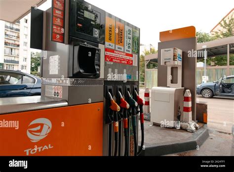 Fuel Pumps At The Petrol Station Red And Yellow Colorful Fuel Stock