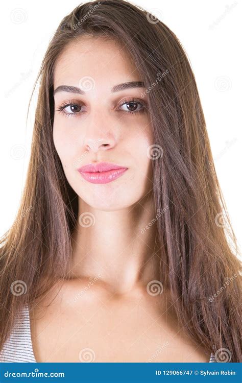 Cheerful Good Looking Young Caucasian Woman With Dark Long Hair Stock