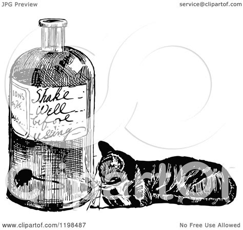Clipart Of A Black And White Vintage Cat Watching A Mouse In A Bottle