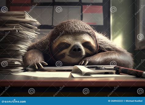 Very Tired Sloth Sleeps On The Files In The Office Stock Illustration