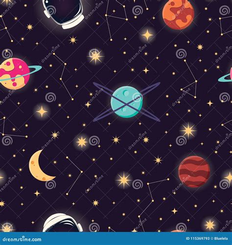 Universe With Planets Stars And Astronaut Helmet Seamless Pattern