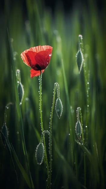 Premium Ai Image A Red Poppy Sits In A Field Of Grass With The
