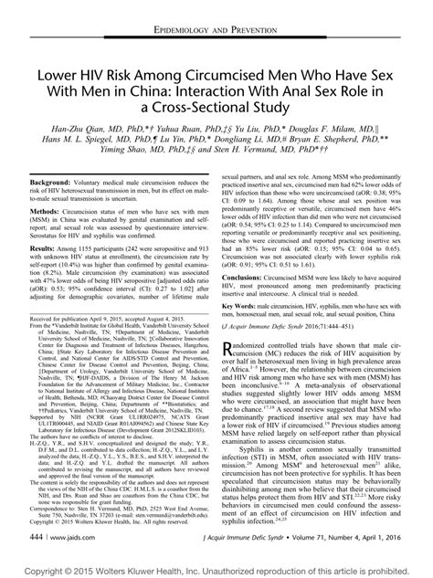 Pdf Lower Hiv Risk Among Circumcised Men Who Have Sex With Men In China Interaction With Anal