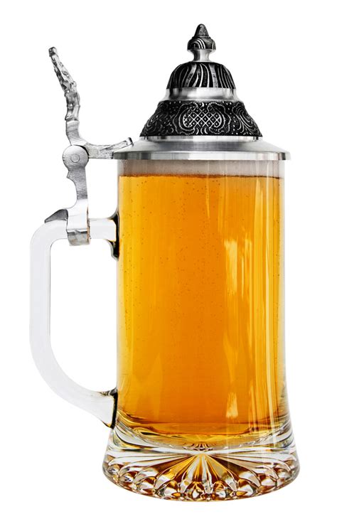 custom engravable glass beer stein with pointed pewter lid