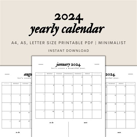 2024 Yearly Calendar Printable Minimalist Calendar 2024 Etsy Artofit
