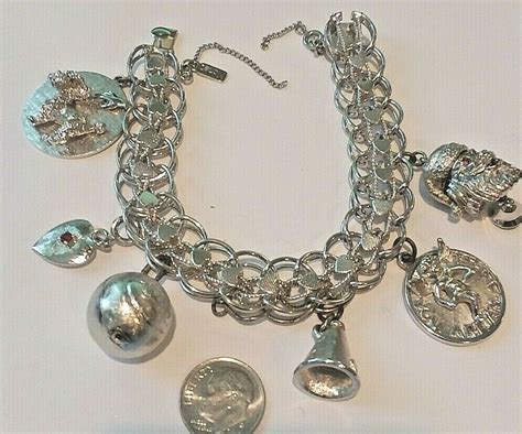 Vintage Jewelry Monet Heart 1970s Silver Charm Bracelet With Charms