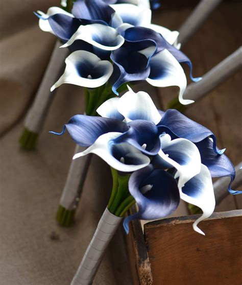 Navy Blue Picasso Calla Lilies Bridesmaids Bouquets Real Touch Etsy