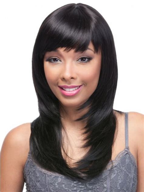 Long Straight Human Hair Wigs With Bangs For Black Women Layered