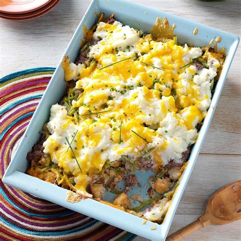 The epitome of simple, homey comfort food, shepherd's pie is a casserole consisting of creamy mashed potatoes atop a rich and bubbly stew. Two-Tater Shepherd's Pie Recipe | Taste of Home