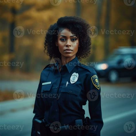 Beautiful African American Female Police Officer Walking In The City