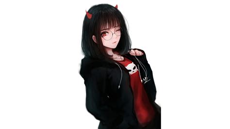 Anime Horns Black Hair Original Anime Shorts Girl Glasses Red