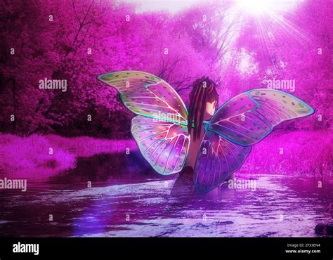 Abstract 3d Fairy Girl In The Purple Forest With A Small River A