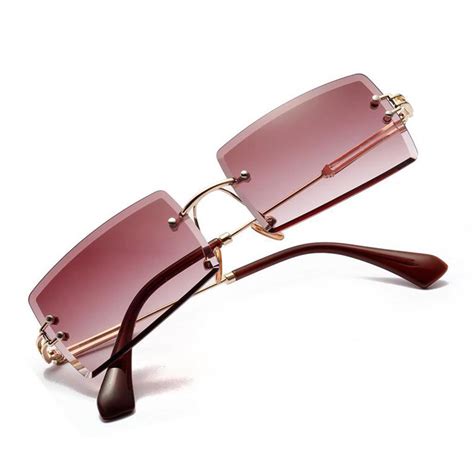 Womens Rectangle Rimless Sunglasses Retro Tinted Lens Shades Party