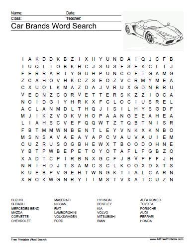 Car Brands Word Search Puzzle Free Printable