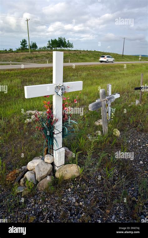 Roadside Memorial Crosses Near Cochrane Alberta Canada Stock Photo