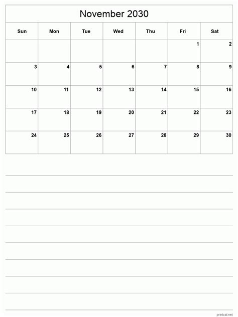 Printable November 2030 Calendar Free Printable Calendars