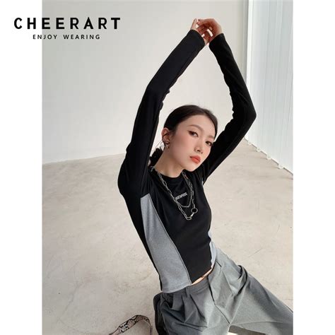 cheerart black patchwork spandex crop top long sleeve tees fashion t shirt women y2k crewneck