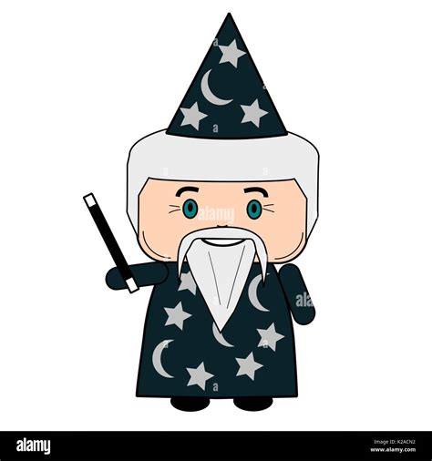 Cartoon Wizard With Magic Wand Pointy Hat And Beard Stock Vector Image