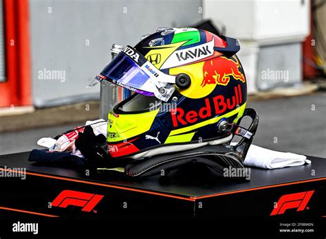 The Helmet Of Sergio Perez Mex Red Bull Racing In Qualifying Parc