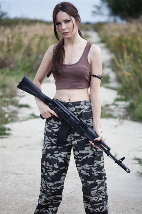 A Military Woman With An Automatic Rifle Ak 74 Stock Image Image Of