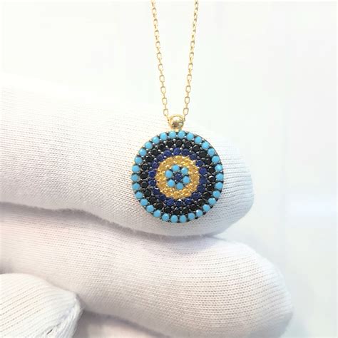 14K Real Solid Gold Evil Eye Round Circle Design With Zirconia Stones
