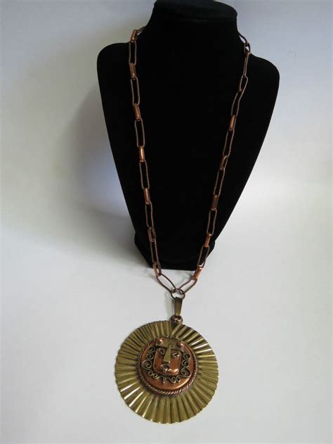 Vintage Mexican Copper Brass Mayan Aztec Sun God Necklace 1960s Hand