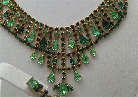 Emerald Rhinestone Necklace Earrings Set 1960 From Antiquesalad On Ruby