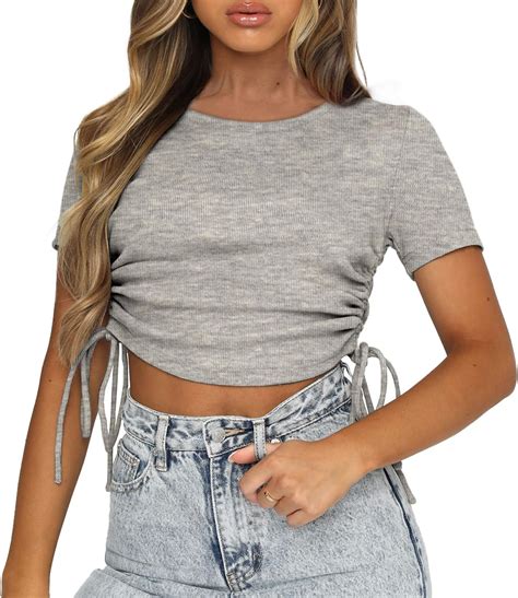 Women S Cute Crop Tops Long Sleeve Drawstring Ruched Bodycon T Shirts Slim Cropped Top At Amazon